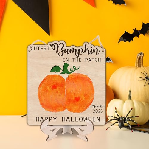 Image of Cutest Little Pumpkin in the Patch Wood Sign, Baby's First Halloween Keepsake Craft, My First Halloween DIY Baby Bum Pumpkin Art Kit, Stand & Hanging Rope, Fall Baby Gift, Decor Photo Prop Milestones
