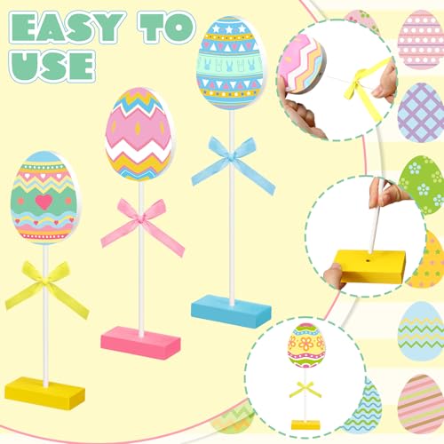 Image of Briwooody 6 Pcs Easter Table Decorations Eggs Wooden Sign Set Spring Tall Standing Sign Colorful Table Centerpiece Bunny Floral Pattern Tabletop Decor for Spring Party Easter Decorations Home