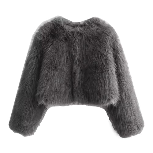 Chaqueta corta de piel sintética para mujer de invierno, esponjosa, frontal abierto, abrigo corto peludo, cárdigan cálido de manga larga, gris, XS