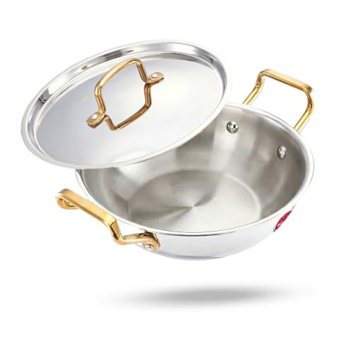Image of Amazon Brand - Solimo Premium Triply Stainless Steel Kadhai 24cm (2.5L) | SS Lid | Even Heating | Gas & Induction Compatible | Dishwasher Safe | Food Safe SS 304 | Elegant Golden Handles | BIS Certified
