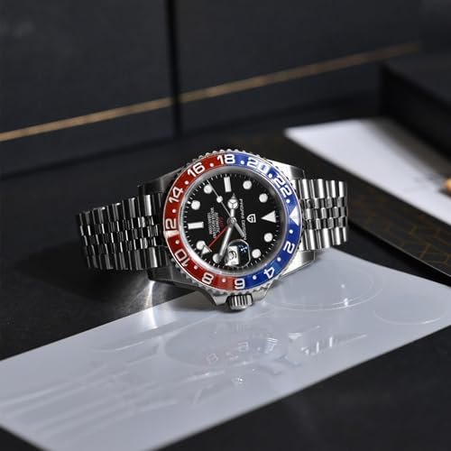 PAGRNE DESIGN Pagani Design Men's Mechanical GMT Stainless Steel Waterproof Wrist Watch Sapphire Glass Stainless Steel Ceramic Watches Watch for Men (Fünf Perlen Blau Rot)