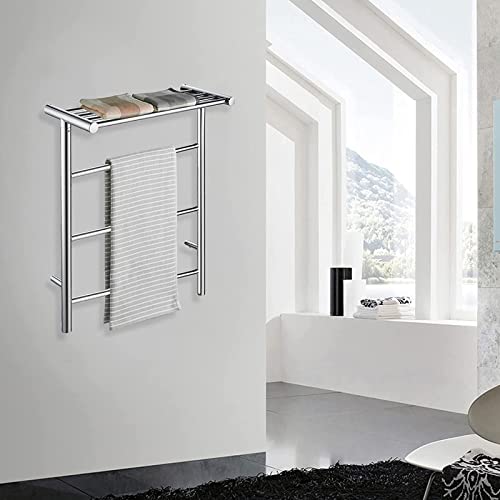 Radiador toallero eléctrico de Pared para baño, con Estante Superior, de Acero Inoxidable Pulido con Interruptor Impermeable, 600 x 480 x 231 mm, P (Hardwired)