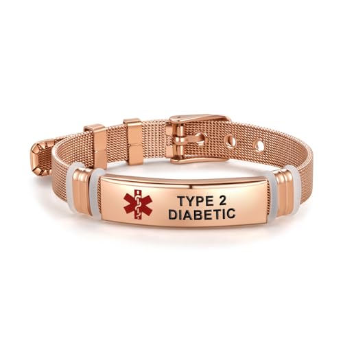 NARTGO Rose Gold Red Medical Alert ID Bracelet for Women Men's Emergency First Aid Health Alert Laser Engraved Satinless Steel Adjustable Wristband Bracelets - Main Image