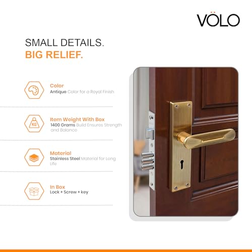 Image of VOLO Stainless Steel Mortise Lock | 8 Inch Lock Body | Main Door Handle Set with Keys | Wooden Door Lockset | Hotel Office Home Door Lock | 3 Keys | 10 Year Lock Body Warranty (Antique | KY | 6014)