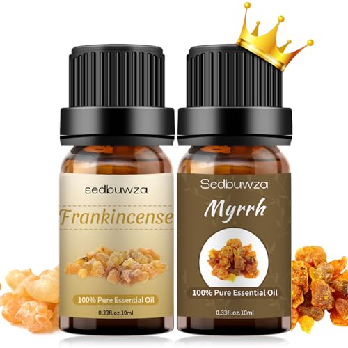 Sedbuwza Myrrh Frankincense Essential Oil Set, Myrrh Fragrance Oil Frankincense Scent Oil Set for Diffuser, Aromatherapy, Massage, Soap, Candle Making 2 x 10 ml