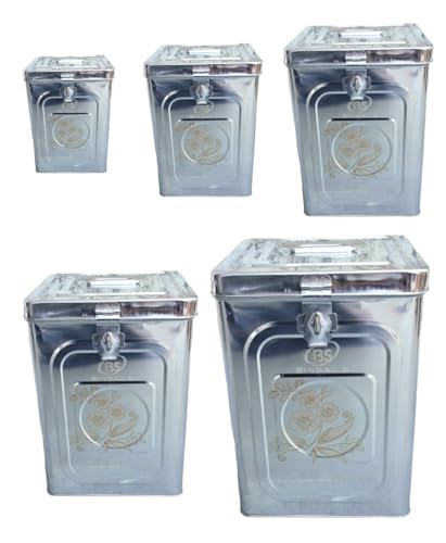 Image of JMTC Stainless Steel Grocery Container /Dabba /Canister for rice,SUGER Square Containers set | 5 pieces - 3kg, 5kg, 7kg, 10kg, 15kg
