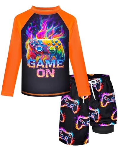 Boys 2 Piece Rash Guard Swimsuit Long Sleeve Swim Shirt and Trunks Quick Dry Black Bathing Suit Game Console Set Size 12-14