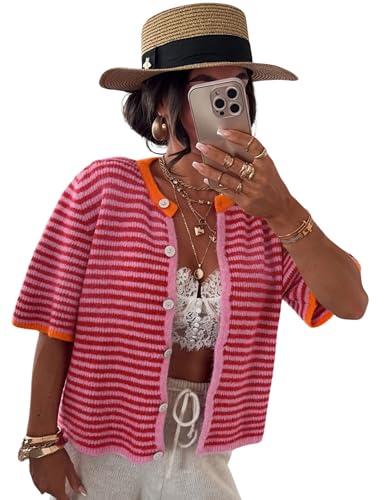 AMEBELLE Short Sleeve Cardigans for Women Lightweight Crewneck Casual Striped Womens Cardigan Sweaters Tops