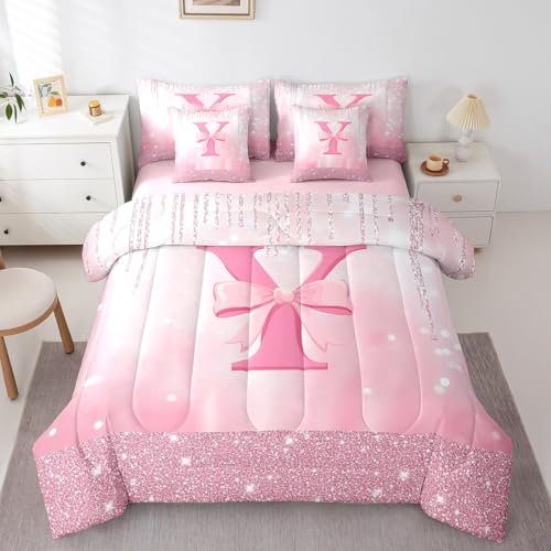 Image of Feelyou Boys Girls Pink Bowknot Bed in A Bag Twin Size, Personalized Initial Y 7 Pieces Bedding Set Princess Glitter Comforter Set with Sheets Kids Bow Monogrammed Teens Bed Set Bedroom Decor 7Pcs