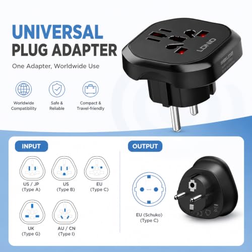 Adaptateur de Voyage Universel Mondial – Prise EU Type C/E/F, Compatible US/UK/AU/CN/JP/CH, Chargeur Secteur International pour USA Canada Australie Chine Suisse Japon, Prise Française – vue 3