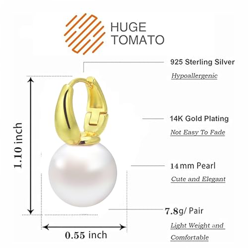 Pearl Drop Earrings, 14mm Elegant Big Pearl Earrings for Women, 14K Gold Plated Hoop Clasp, Pearl Dangle Earrings for Gift4
