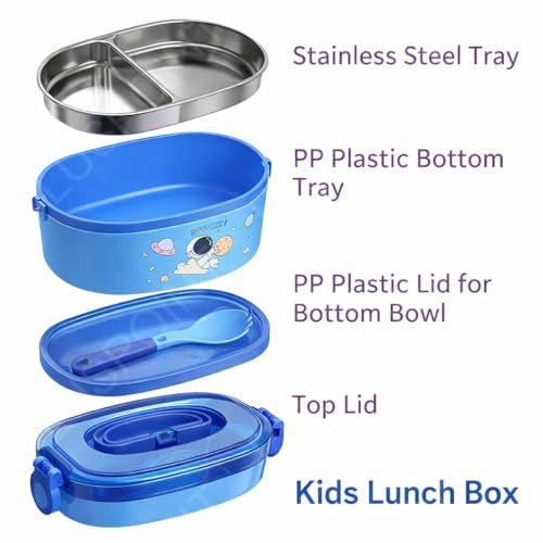 Image of PLUSPOINT Space Theme Stainless Steel Lunch Box for Kids Microwave Safe Insulated Tiffin Box 800ml Cute Cartoon Astronaut Tiffin Box Tableware Set Portable Containers for School Boys, Girls