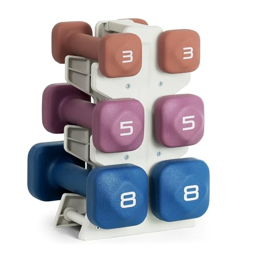 Tone Fitness 32 LB Neoprene Dumbbell Set with Storage Rack Non-Slip Anti-Roll Hand Weights for Home Gym Workouts - Mixed Colors | Orange Purple and Blue.