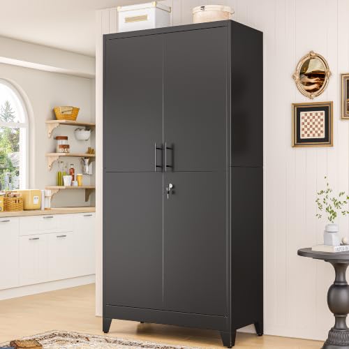 Image of PAOFIN Metal Kitchen Pantry Storage Cabinet with Lock Doors and Shelves