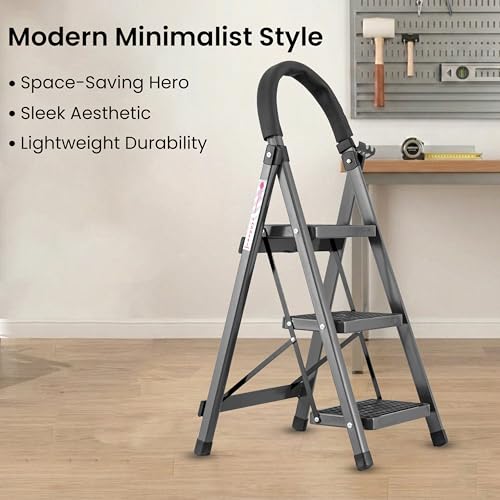 Image of Casa Copenhagen Grey 3 Step Ladder for Home Use with Built-in Tool Tray | Heavy Duty D Shape Rods | Ultra Large Platform | Wide Rubber Feet |150Kg Capacity Foldable Ladder - 7 Years Warranty