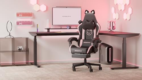 Dowinx Cadeira de jogos fofa com orelhas de gato e suporte lombar de massagem, cadeira ergonômica de computador para meninas com apoio para os pés e encosto de cabeça, cadeira de jogo... glide