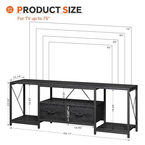 Homeiju TV Stand for TVs up to 75 Inch, Entertainment Center with Fabric Drawers, TV Media Console Table with Open Storage Shelves for Living Room, Bedroom, Black - Thumbnail 2