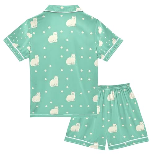 senya Cat on Green Dot Satin Summer Pajama Sets Silk Short Sleeve Button Down Sleepwear2