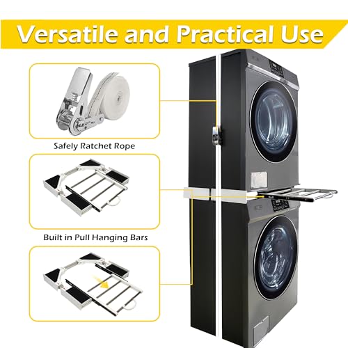 Image of MaxWorks Universal Washer Dryer Stacking Kit with Pull-Out Rack, Adjustable 24-29 Inch, Stainless Steel, Laundry Space Saver (50949)