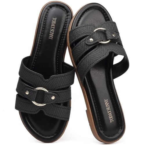 todaysunny Womens Flat Sandals Dressy Comfortable Open Toe Slip On Slide Sandals For Summer Beach Sandalias de Mujer - image 1