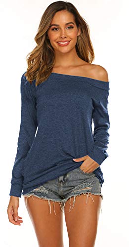 Halife Off Shoulder Blouse, Long Sleeve T Shirt Women Cotton Blend (M, Dark Blue)