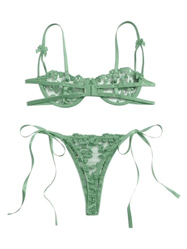 Image of Lilosy Sexy Tie Side Cute Underwire Push Up Strappy Embroidered Mesh Sheer Lingerie Set