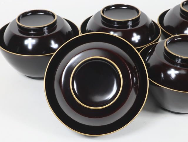 Amazon.co.jp: 西瓜b3349美【輪島塗金縁黒真塗無地堅地吸物椀5客明治期