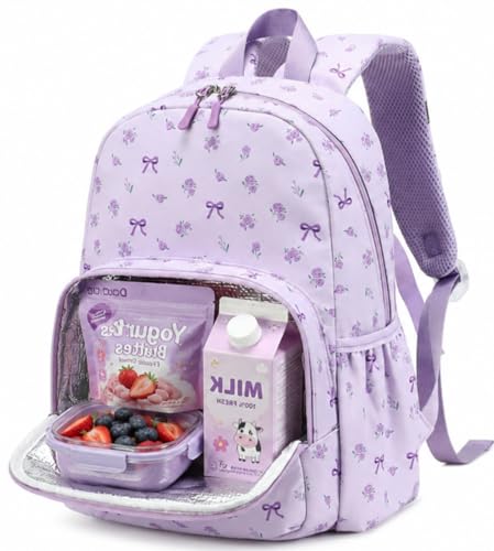 BTOOP Kids Backpack for Girls 4-6 Cute Purple Bow Girls Backpack-Preschool Kindergarten School Bookbag with Insulated Lunch Compartment & Chest Strap for Girl
