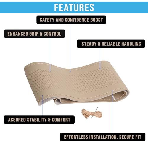 Image of KINGSWAY PU Leatherite Car Steering Cover Sewable Compatible with Tata Safari (Year 2023 Onwards), Beige Color with Beige Thread, Pack of 1 with Sewing Needle and Thread