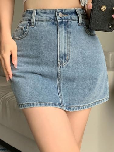 Image of Lymio Skirts for Women | Denim Mini Skirt | High Waisted Light Blue Jean Skirts for Women | Casual Short Pencil Skirt with Pockets | Slim Fit Stretch Denim Bottoms (LWHP-62-63)