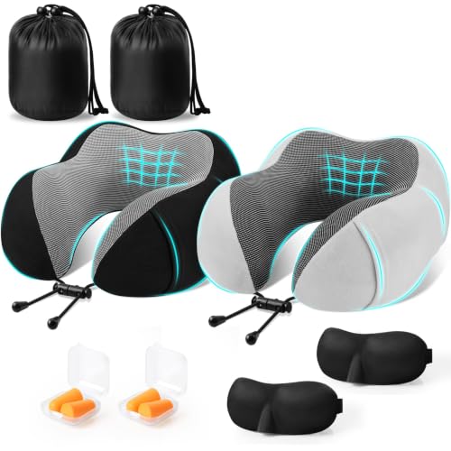 Image of CloudBliss Travel Pillows for Airplane, Memory Foam Neck Pillows for Travel, Compact Neck Pillow for Long Flight, Car & Office, Plane Accessories with Eye Mask, Earplugs, Carry Bag, Black & Light Grey