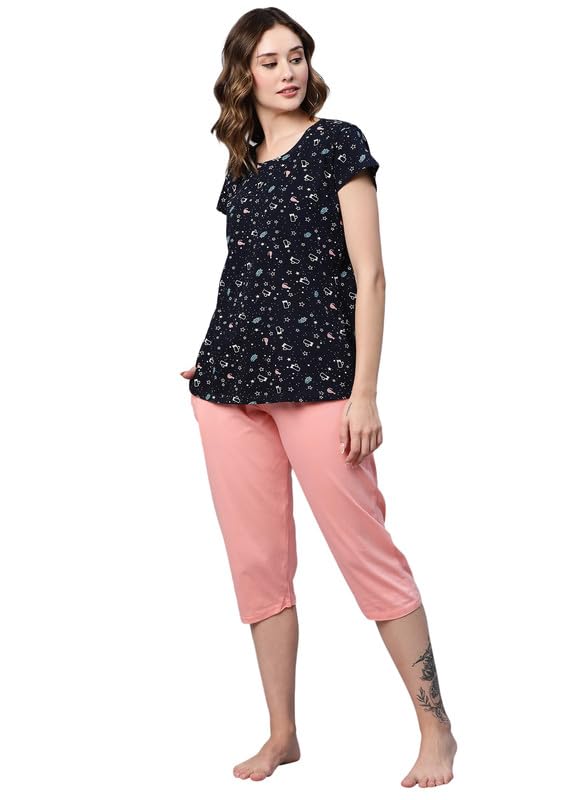 Image of AV2 Women Cotton Printed 3 Piece Nightsuit Capris Set 2315