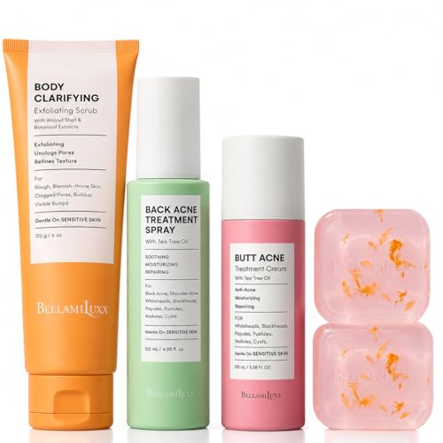 Image of BellamiLuxx 4-Step Body Acne Clarifying Routine, with Soap Bar, Body Scrub, Back Acne Spray & Butt Acne Lotion for Breakouts, Bumps and Rough Texture, Men & Women