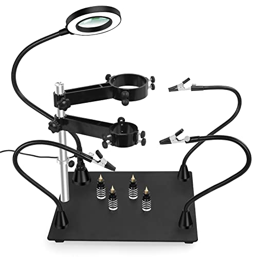 Magnetic Helping Hands for Soldering, Third Hand Tool with 2 Size Heat Gun Holder for Desoldering Work, Flexible Gooseneck Arms and PCB Holders, 3X Magnifier Light for Electronics Welding Repairing