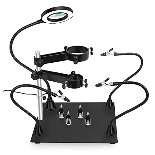 Magnetic Helping Hands for Soldering, Third Hand Tool with 2 Size Heat Gun Holder for Desoldering Work, Flexible Gooseneck Arms and PCB Holders, 3X Magnifier Light for Electronics Welding Repairing
