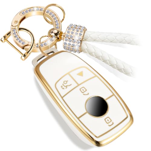 CTRINEWS for Mercedes Key Fob Cover with Luxury Diamond Braided Keychain, Upgraded Soft Case for Benz GLC GLE GLA GLB GLS AMG A C E G S Class (4 Buttons) Shell (Gold Bling,B2)