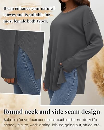 3 Pack Women's Waffle Knit Long Sleeve Tops Oversized Crewneck Loose T Shirts Fall Winter Casual Basic Blouses(Black, Dark Gray, Grayish Pink,Medium)4