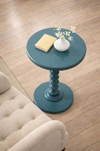 Image of Kundi Round Coffee End Table for Living Room - Modern Brown Accent Pedestal Side Table for Bedroom & Home Decor (Blue)
