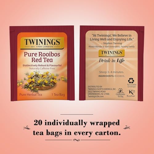 Twinings Pure Rooibos Red Tea - A Naturally Sweet and Tangy Red Tea, Caffeine-Free Herbal Tea Bags, Individually Wrapped, 20 Count (Pack of 2)