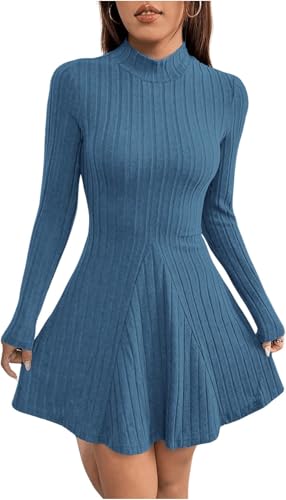TrendiMax Damen Kleid Herbst Winter Freizeitkleid Langarm Minikleid Skaterkleid A Line Pullover Kleid Kurz Partykleid Winterkleid (S, Blau)