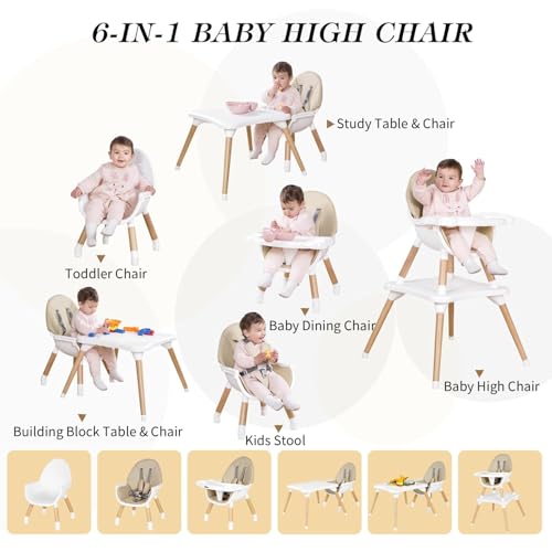 Image of 6 in 1 High Chair for Babies & Toddlers, Convertible Wooden Baby Highchair, Table and Chair Set, Baby Feeding Chair, 5-Point Adjustable Harness /4-Position Removable Tray& PU Seat Cushion(Beige)