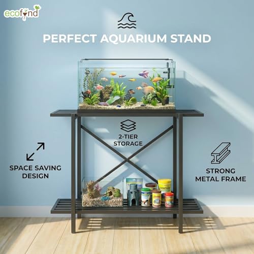 Image of ecofynd 2-Tier Fish Tank Stand, Double-Layer Aquarium Stand with Adjustable Table Feet, Heavy Metal Storage Rack Suitable for Home and Office, (Black, FS-PS049)