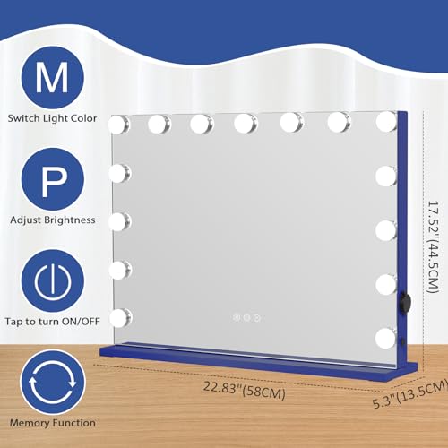 HOMPEN Vanity Mirror Makeup Mirror with Lights,Large Hollywood Lighted Vanity Mirror with 15 Dimmable LED Bulbs,3 Color Modes, Touch Control for Dressing Room & Bedroom, Tabletop or Wall-Mounted, Blue