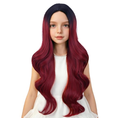 Image of Black Ombre Red Wig for Kids Long Black Mixed Wine Red Middle Part Wig for Child Long Wavy Curly Wigs for Girls Heat Resistant Synthetic Wigs with Cap