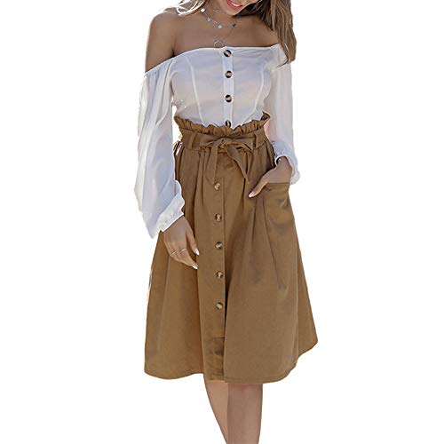 Womens Casual Front Button A-Line Skirts High Waisted Pleated Midi Skirt with Pockets2