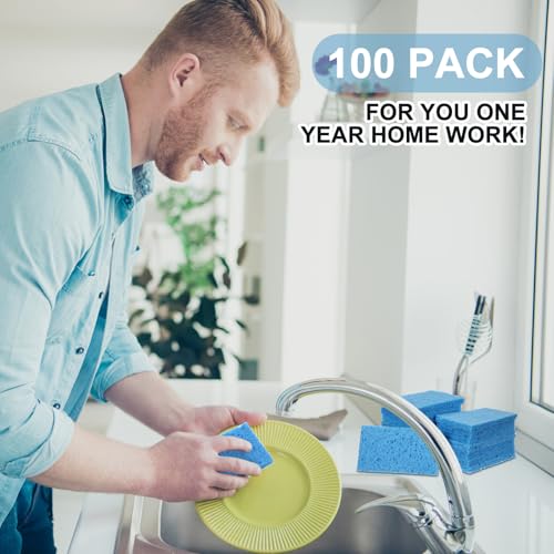 Image of Zhengmy 100 Pieces Sponges Bulk Sponges Kitchen Compressed Sponge Natural Dish Sponge Compressed Wood Pulp Cleaning Without Scratching for Kitchen Bathroom, 3.9 x 2.4 x 0.12 Inch (Blue)