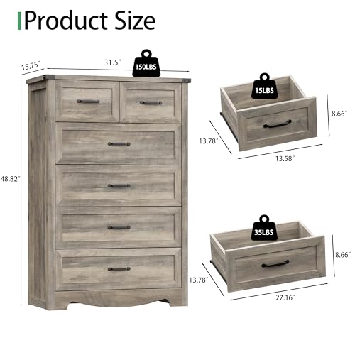 Image of Dresser for Bedroom with 6 Drawers, 49 inch Tall Wood Chest of Drawers with Deep Drawers & Mental Handle, Modern Dresser TV Stand, Wooden Closet Storage Organizer for Living Room, Hallway, Entryway, Grey