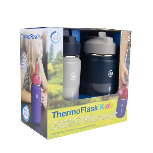 Image of ThermoFlask Kids 14 oz Insulated Water Bottles with Straw Lid BPA-Free Stainless Steel Leakproof & Spill-Proof Design Easy Clean Wide Mouth 2-Pack for School, Sports, Playdates, Harbor Grey /Denim