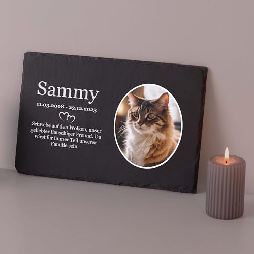 LAUBLUST Personalisierte Grabplatte mit Name & Foto als Grabschmuck für Hund, Katze & andere Haustiere - Herzen, 3 Größen | Schieferplatte mit Gravur als Tiergrabstein Deko & Tiere Grabtafel