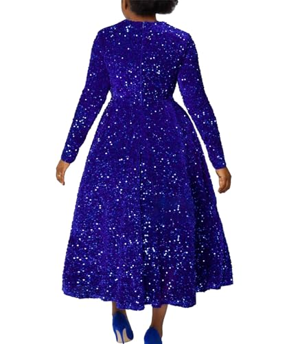 Image of SOMTHRON Women's Sequin Dress Plus Size Long Sleeve A-Line Flared Party Cocktail Sparkle Glitter Evening Shiny Maxi Dress